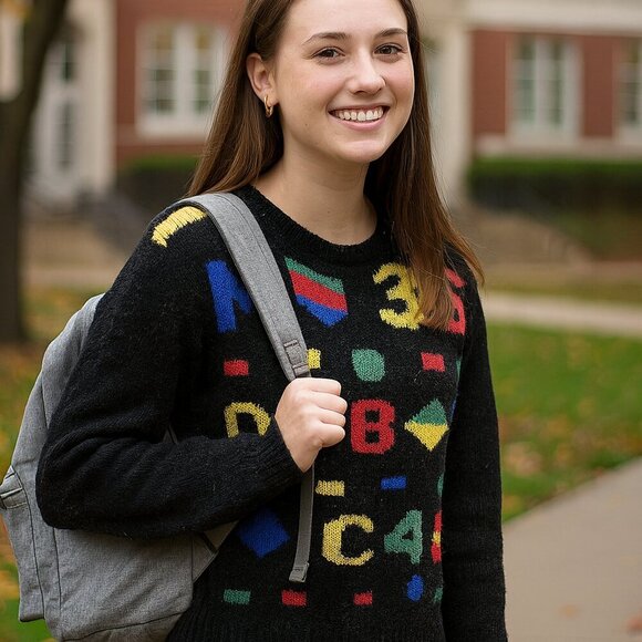 Vintage Sweaters - VINTAGE Jefferson Blvd wool nylon acrylic colorful sweater alphabet medium M